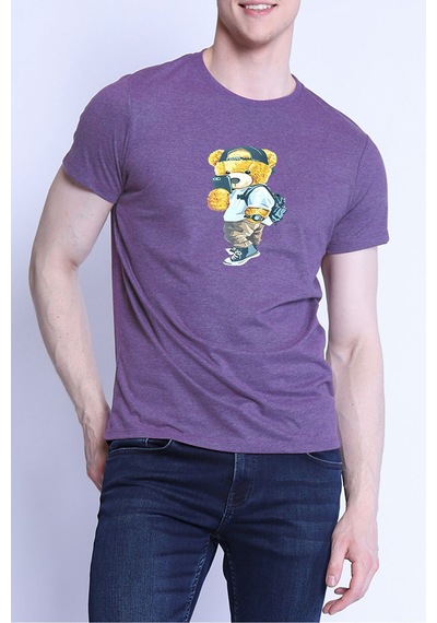 Medinenur Unisex Peluş Ayı Baskılı Bisiklet Yaka Tshirt Mor Melanj