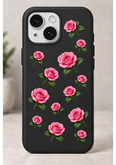 2d 2 Boyutlu Gül Desenli Siyah Telefon Kılıfı