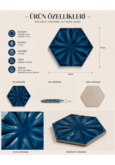 Armada Çini 15x17 Cm Çiçekli Petrol Mavisi Altıgen Seramik