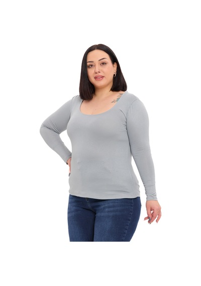 Disentis Büyük Beden U Yaka Uzun Kollu Viskon Açık Gri Body Açık Gri