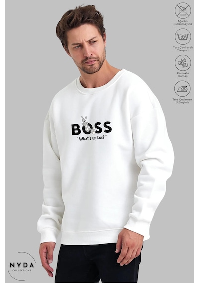 Unisex Bugs Bunny Baskılı Bisiklet Yaka Kapüşonsuz Şardonlu Oversize %100 Pamuk Penye Sweatshirt Beyaz