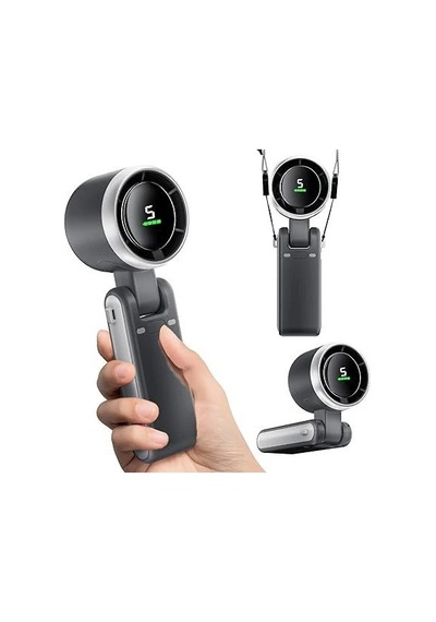Dijital Göstergeli Katlanabilir Şarjlı El Fanı Siyah 12000 Rpm 5 Kademeli Usb-c Taşınabilir Mini Vantilatör Boyun Askılı Masaüstü Fan