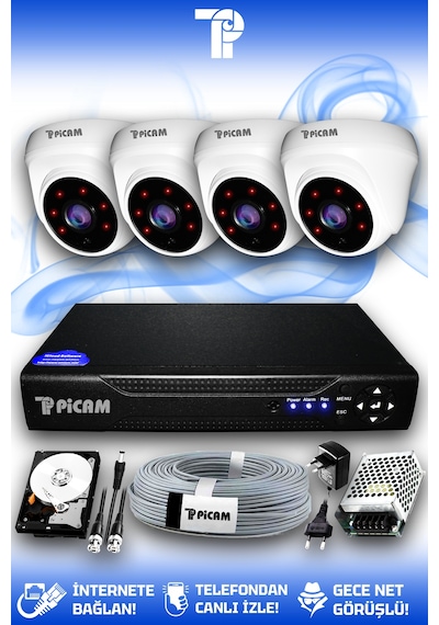 Picam 4 Kameralı Dome 4 İç Kamera Set 2 TB HDD Full HD Gece Görüşlü Güvenlik Kamerası Sistemi