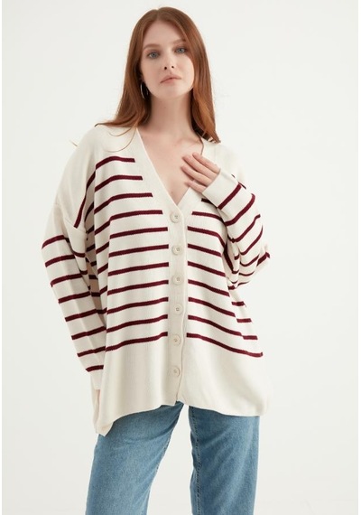 Cizgili Oversize Ekru Hırka 23aj0050 Ekru