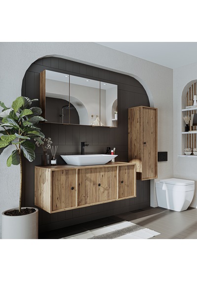 Lavabolu Mdf 120 Cm Çekmeceli Banyo Dolabı + Aynalı Üst Dolabı Atlantik Çam