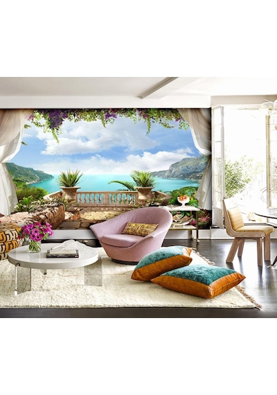 Çiçekli Ve Perdeli Taş Balkon Ve Deniz Manzarası Duvar Kağıdı