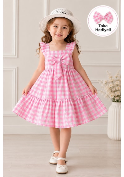 Esila Kids Kız Çocuk Ekose Elbise Toka Hediyeli Fiyonklu Askılı Katlı Etekli Yazlık Model Pembe