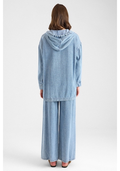 Olcay Fermuar Kapamalı Kapüşonlu Soft Denim Ceket Pantolon İkili Takım Açık Mavi 9402-tk