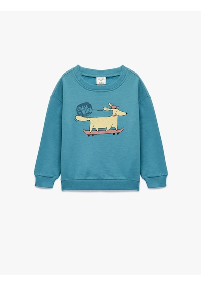 Koton Pamuklu Uzun Kollu Bisiklet Yaka Köpek Baskılı Sweatshirt Yeşil 6wmb10246tk Yeşil