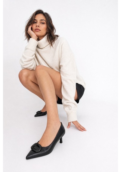 Luvi Shoes Delhı Siyah Cilt Tokalı Kadın Topuklu Ayakkabı