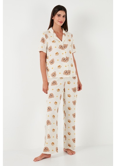 Lela Rahat Kesim Bol Paça Mono Yaka Kısa Kollu Bayan Pijama Takımı 6110290 Bej