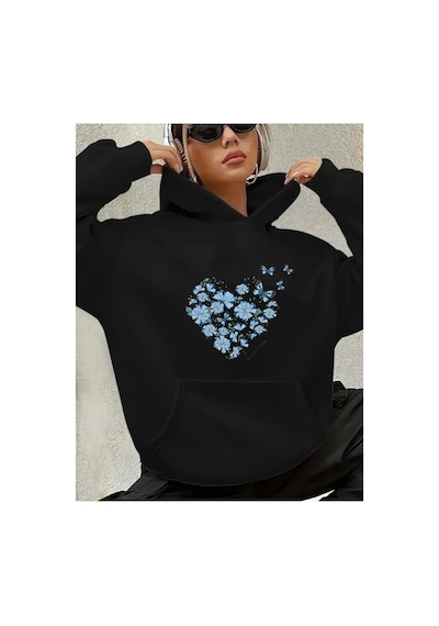 Herkesemoda Baskılı İçi Polarlı Sweatshirt Siyah
