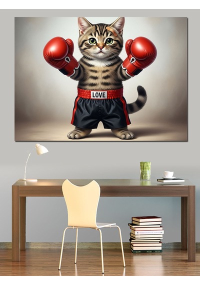 Boks Eldivenli Şirin Kedi Dekoratif Kanvas - Mdf Ahşap Tablo