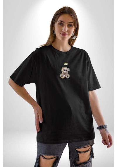 Gerçeklikten Uzak Tutun Siyah Oversize Unisex Ön Orta Minimal Baskılı Tişört Siyah