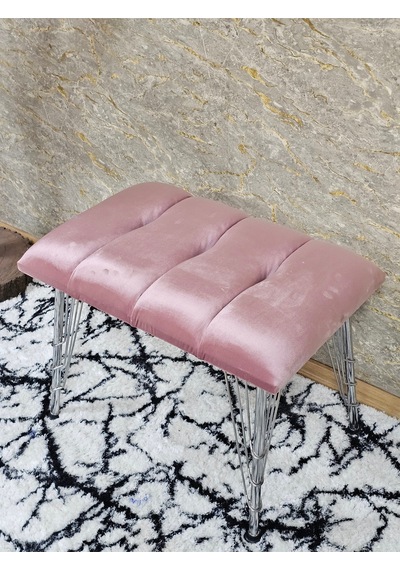 Zafir Metal Krom Tel Ayaklı 60 Cm Puf Bench - Puf - Bench - Oturak - Mutfak Oturağı - Antre Oturağı Pembe