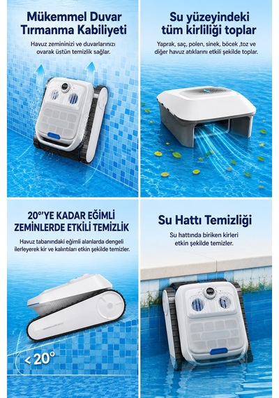 Cp402 Kablosuz Akülü Havuz Temizleme Robotu 4 Alan-zemin, Duvar, Su Hattı, Su Yüzeyi