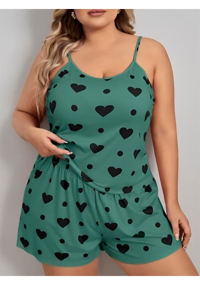 Gizers Giyim Büyük Beden Yeşil Kalp Desen Pamuklu Şortlu Pijama Takımı Çok Renkli