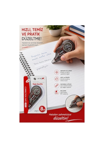 Şerit Daksil Beyaz 5mmx8 Metre 10 Adet İnox Şerit Düzeltici Şerit Silici Yazı Silici Büro Ofis Okul