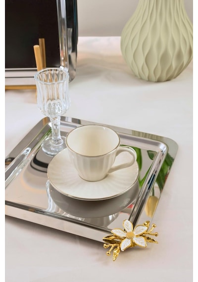Yaren Style 6'li Kare Paslanmaz Çelik Tepsi Seti 21x21 Cm Gold Papatya Figürlü Kahve & Çay Sunum Tepsisi Diğer