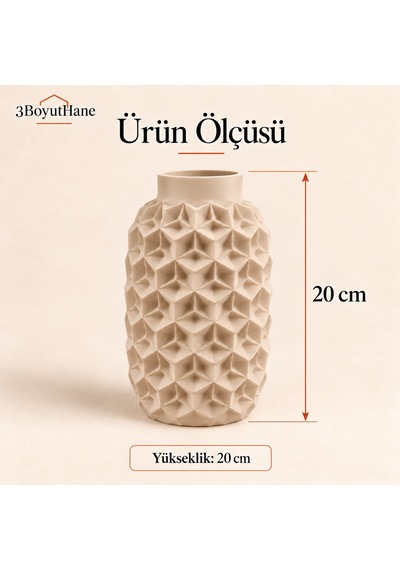 Dekoratif Vazo 20 Cm Geometrik Desenli Kuru Çiçek Ve Pampas Vazosu Bej