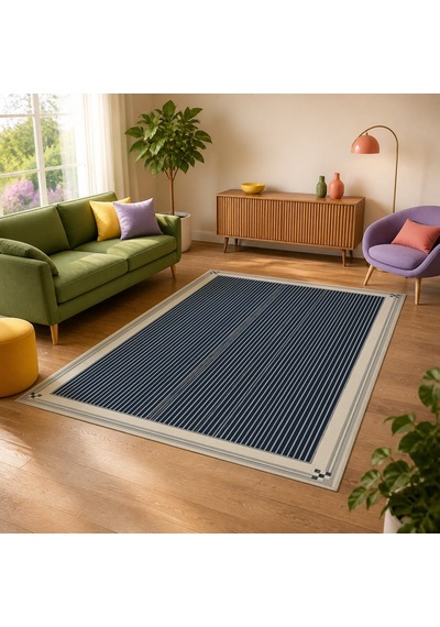 Kartela Halı İnce Çizgili Bordürlü Halı Lacivert Kaymaz Taban Makinede Yıkanabilir 180x270 Cm