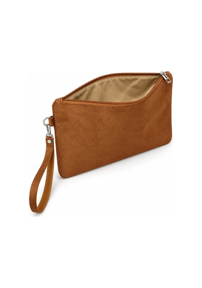 Adelina Bags Süet Portföy El Çantası Bilek Askılı Astarlı Taba Clutch Çanta