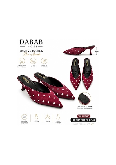 Dabab Shoes Sevılla Puantiye Desenli Bordo Saten Sivri Burunlu 5 Cm İnce Topuklu Mule Terlik