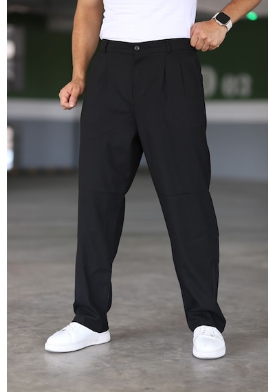 Bürke Baggy Çift Pileli Siyah Renk Beli Lastikli Kaliteli Rahat Kesim Klasik Bol Paça Baggy Pantolon