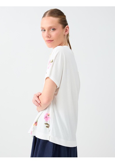 Jimmy Key Kırık Beyaz Floral Desenli Düşük Omuz Modal Bluz 6sw037767106