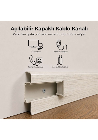 Esquero Kablo Kanallı PVC Süpürgelik 250 cm, Açılabilir Kapaklı, Çınar Bianco, ESQ604