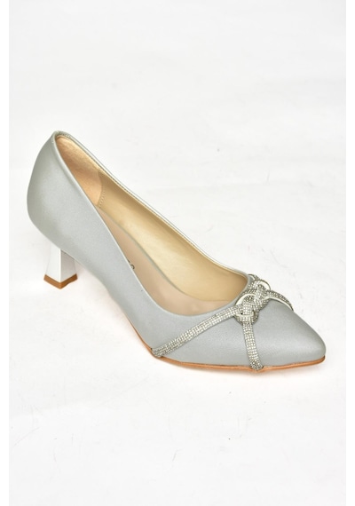 Fox Shoes S246061604 Gümüş Kumaş Kalın Topuklu Kadın Abiye Ayakkabı Gümüş
