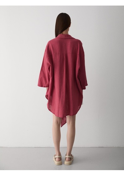 Laluvia Bordo Flam Keten Kimono Gömlek Bordo