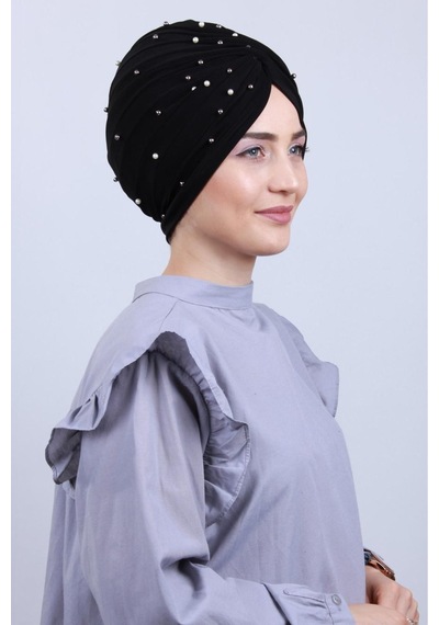 Melodi Scarf Kadın Tesettür İncili Taşlı Vera Dış Bone Siyah Siyah