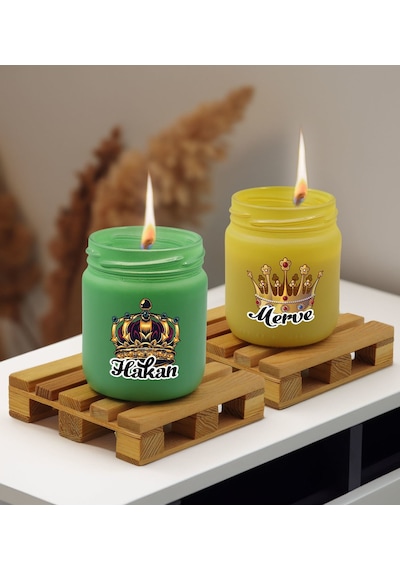 Bk Gift Kişiye Özel Dtf Kral Ve Kraliçe Tacı 2 Li Yeşil Ve Sarı Renkli Cam Kavanozda Kokulu Mum-1, Arkadaşa Hediye, Sevgiliye Hediye