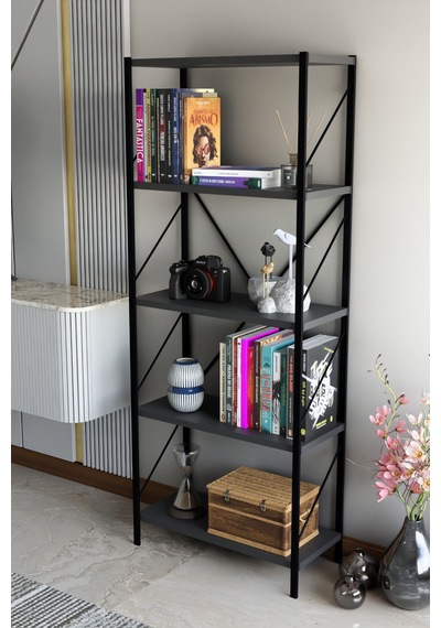 Titan Kitaplık Dekoratif Çok Amaçlı Raf Ofis Salon Raf Kitap Standı 150cmx60cm Gri