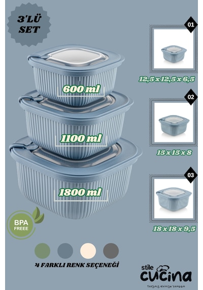3lü Mikrodalga Ve Difriz Kullanımına Uygun Vakumlu Sızdırmaz Saklama Kabı Seti 600-1100-1800 Ml Mavi