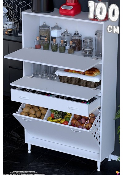 Vio 100 Cm Fırın Dolabı Sepetli Çekmeceli 2 Kapak Kiler Mutfak Dolabı Beyaz