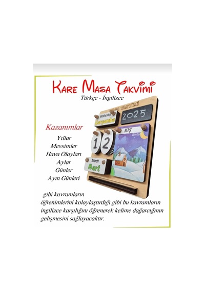 Çocuklar İçin Masa Takvimi - Kare Masa Takvimi Türkçe-ingilizce