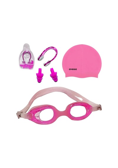 Avessa 3'lü Çocuk Havuz Set 2323 Gözlük + Bone + Tıkaç Pembe Beyaz