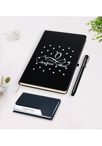 Kişiye Özel Isimli Siyah Defter Kalem Kartvizitlik Hediye Seti-4