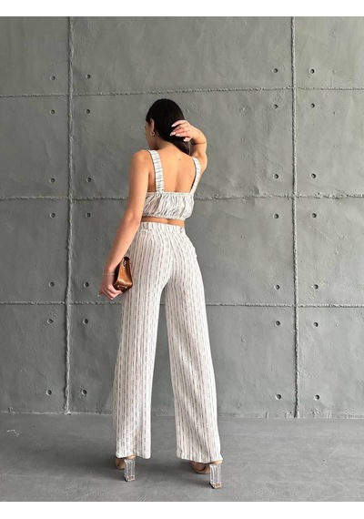 Eke Tekstil Lacivert Çizgili Crop Pantolon Keten Takım-lacivert Lacivert