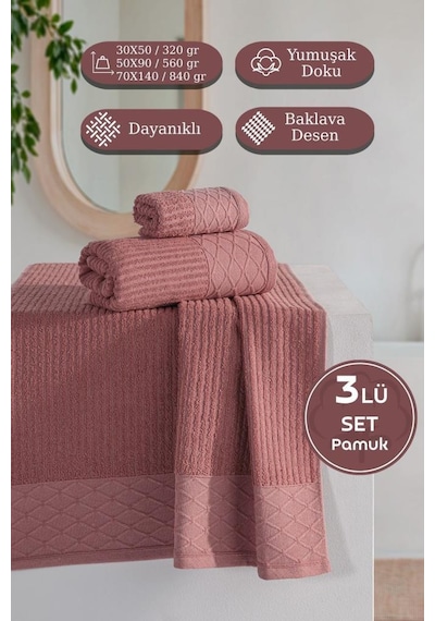 Cumba %100 Pamuk 3 Lü Havlu Takımı - 30x50, 50x90, 70x140 Kiremit
