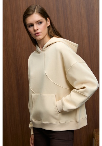 ETHIQUET E YRA Kadın Oversize Dikiş Detaylı Kapüşonlu Vizon Sweatshirt