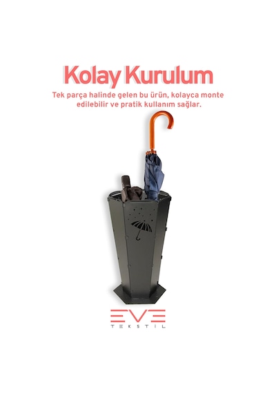 Eve Tekstil Lüx Dış Ve İç Mekana Uygun Şemsiye Desenli Paslanmaz Şemsiyelik Siyah