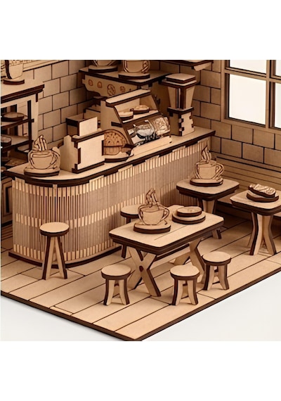 Algwooddesign Coffee Shop Ahşap Maket, 214 Parça Dıy Minyatür Kafe Modeli, Led Işıklı Mdf 3d Puzzle, Hobi Ve Dekorasyon Seti, 19x19x19 Cm