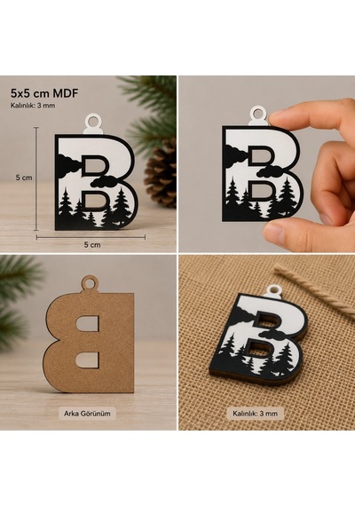 B Harf Yılbaşı Süsü Mdf Çam Ağacı Desenli Asılabilir Dekor 5x5 Cm