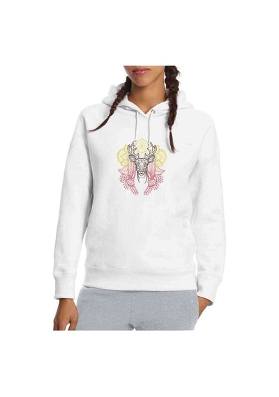 Mandala Geyik Baskılı Beyaz Kadın Kapşonlu Sweatshirt