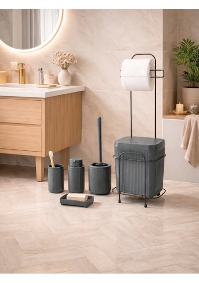 Decorev Standlı Antrasit 5 Parça Click Kapaklı Banyo Seti Dc-6804 Gri