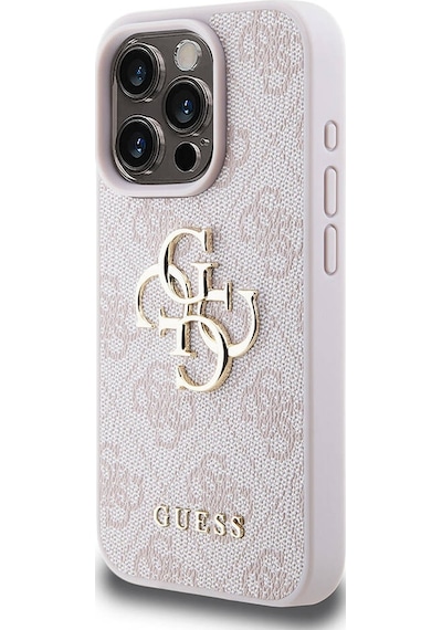 Apple Uyumlu iPhone 15 Pro Kılıf Guess Lisanslı Pu Deri Yazı Ve 4g Metal Logolu Desenli Kapak Pembe