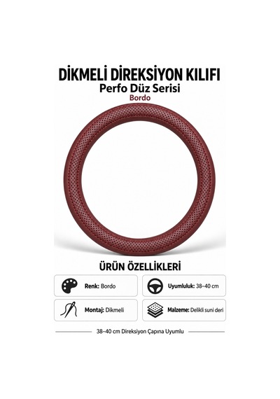 Trobus Volkswagen Taigo 2021-2025 Uyumlu Dikmeli Direksiyon Kılıfı Perfo Düz Delikli Deri Bordo
